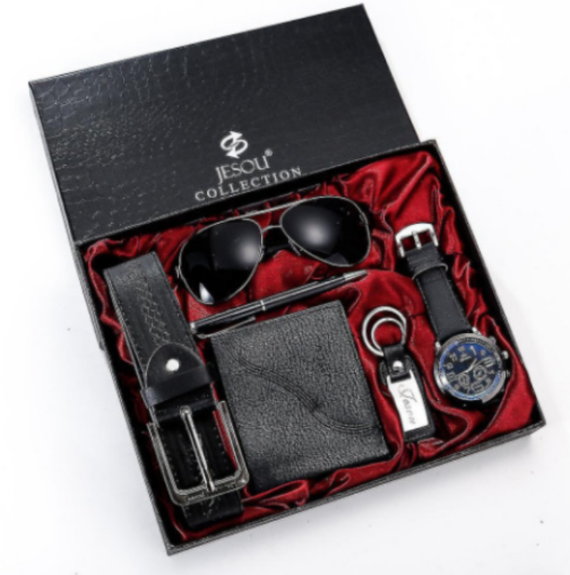 Ritual geschenkset von KleinSelect mit Uhr, Sonnenbrille, Gürtel, Geldbörse und Schlüsselanhänger in schwarzer Geschenkbox