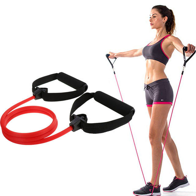 KleinSelect Fitnessband Tracker rotes Widerstandsband mit Griffen und Frau beim Workout