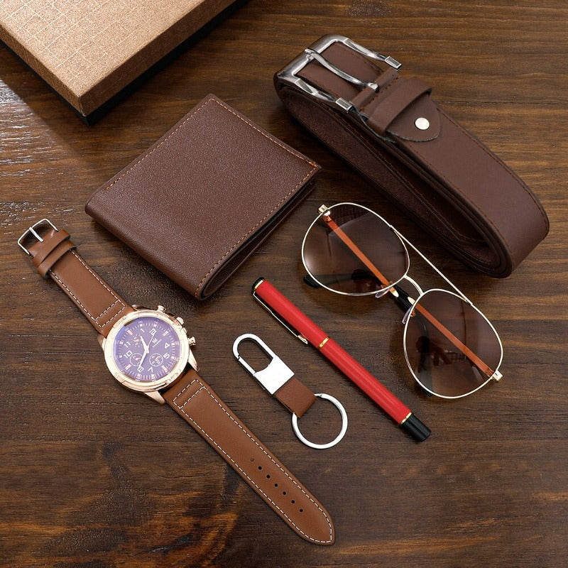 KleinSelect Uhrenset mit brauner Lederuhr, Gürtel, Geldbörse, Sonnenbrille, Schlüsselanhänger und Stift als ritual geschenkset