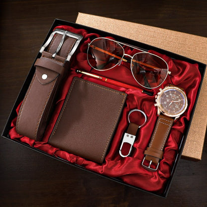 KleinSelect Uhrenset mit braunem Lederarmband, Brille, Geldbörse, Schlüsselanhänger und Stift im ritual geschenkset