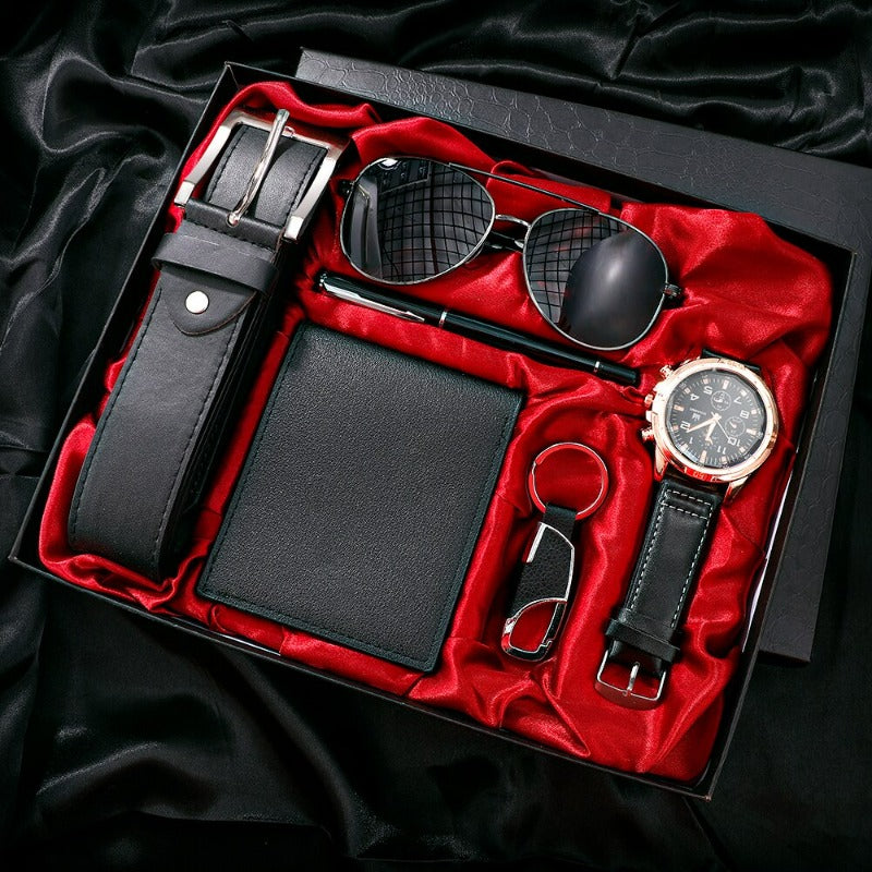 KleinSelect ritual geschenkset Uhrenset mit schwarzem Lederarmband, Sonnenbrille, Geldbörse und Schlüsselanhänger