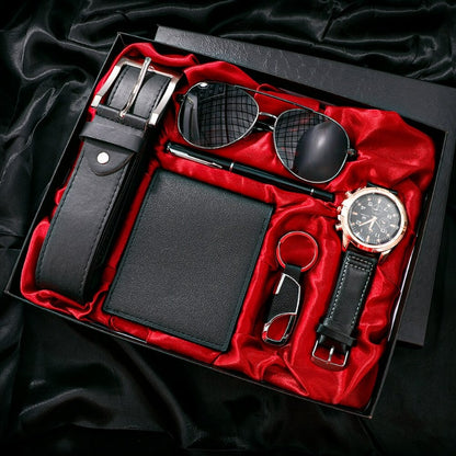 KleinSelect ritual geschenkset Uhrenset mit schwarzem Lederarmband, Sonnenbrille, Geldbörse und Schlüsselanhänger